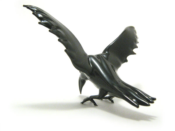 Descending Crow, lampworked glass bird by Wesley Fleming