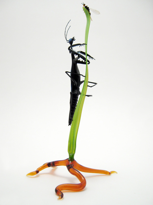 Mantis Stalking a Wasp, glass bug by Wesley Fleming