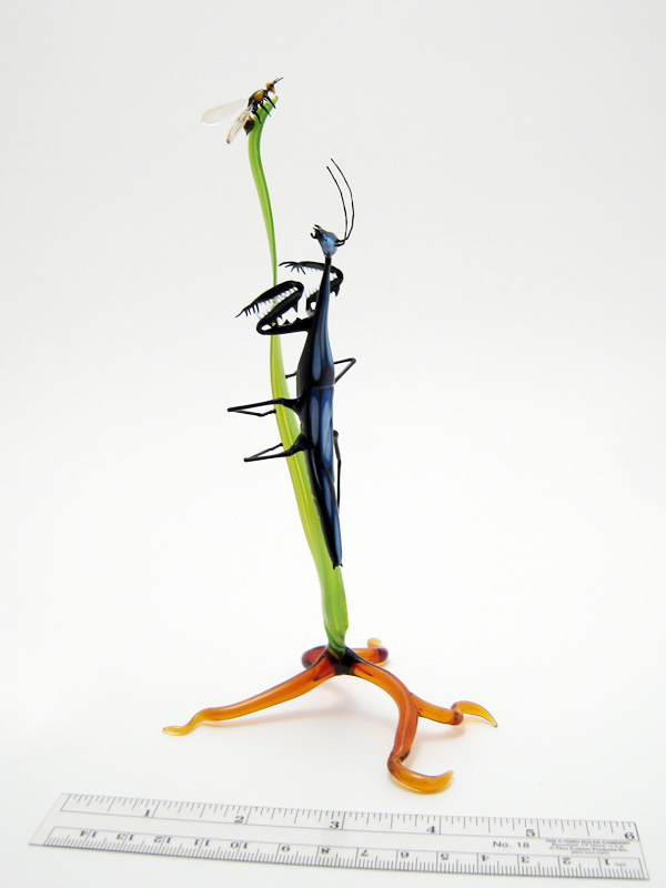 Mantis Stalking a Wasp, glass mantis by Wesley Fleming