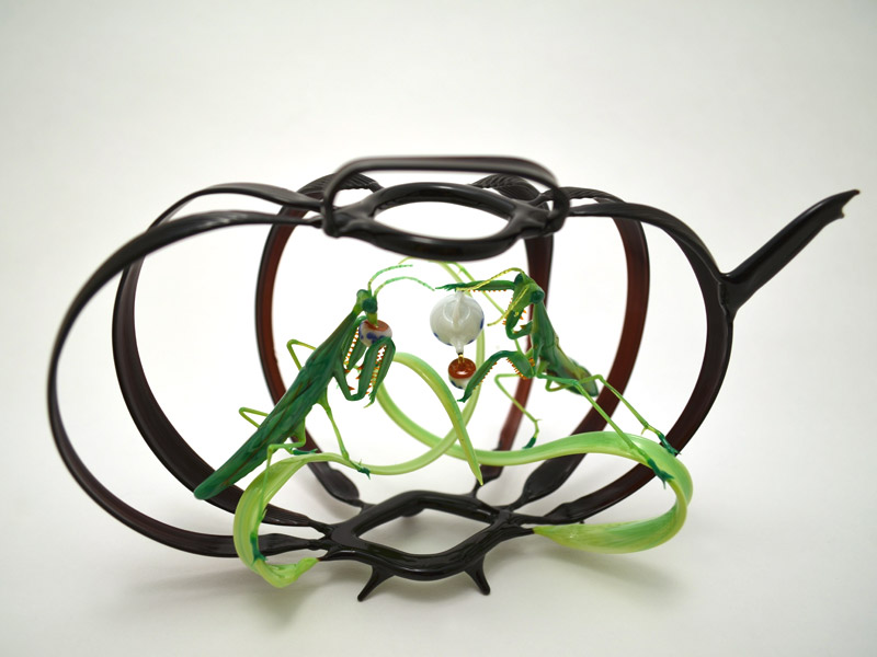Mantis Tea Time, glass insect by Wesley Fleming